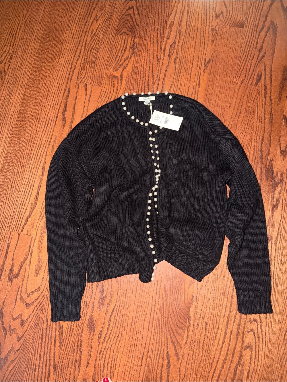 Splendid Black Pearl-Trim Crewneck Cardigan